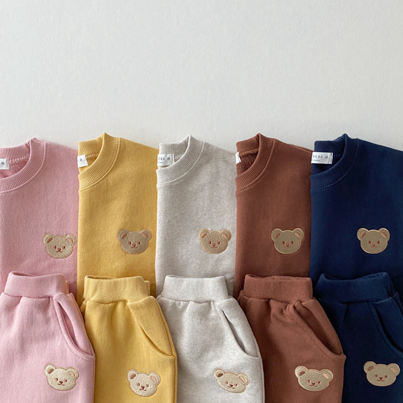 Children's Cotton Bear Round Neck Sweater Sports Suit Baby Leisure Cartoon Two Piece Set