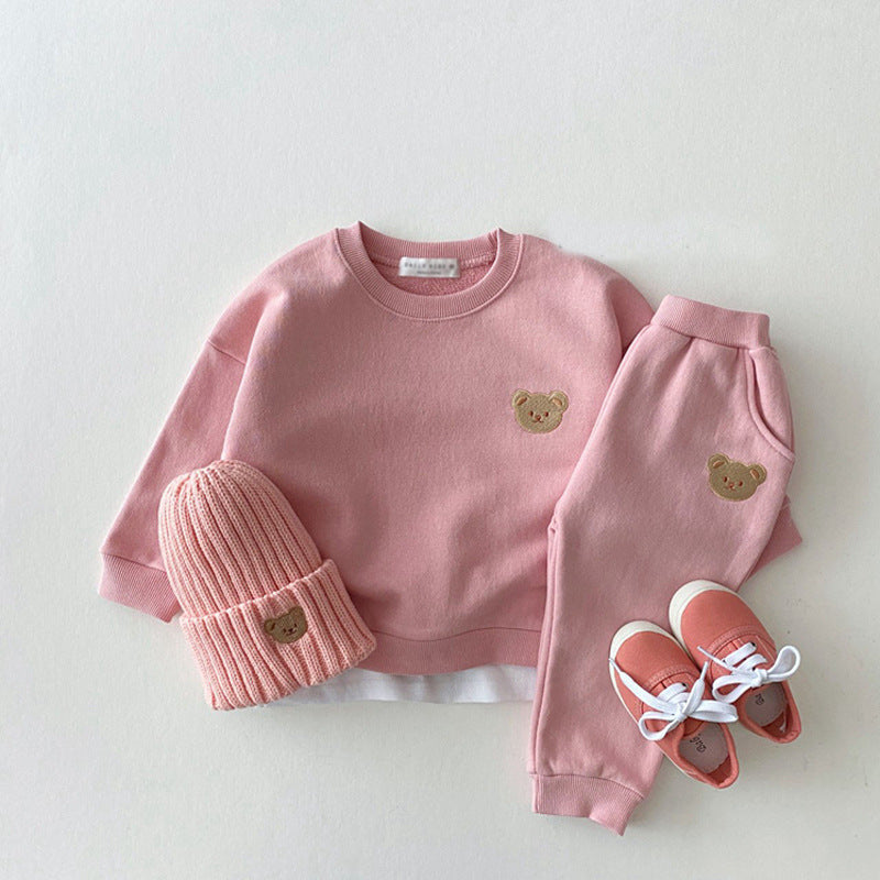 Children's Cotton Bear Round Neck Sweater Sports Suit Baby Leisure Cartoon Two Piece Set