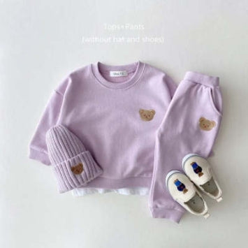 Children's Cotton Bear Round Neck Sweater Sports Suit Baby Leisure Cartoon Two Piece Set