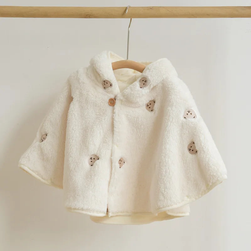 SnuggleBloom Coat – Soft Fleece Bear Embroidery Jacket for Baby Girls