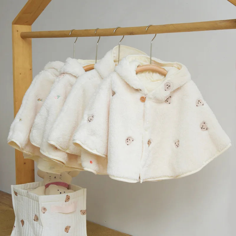 SnuggleBloom Coat – Soft Fleece Bear Embroidery Jacket for Baby Girls