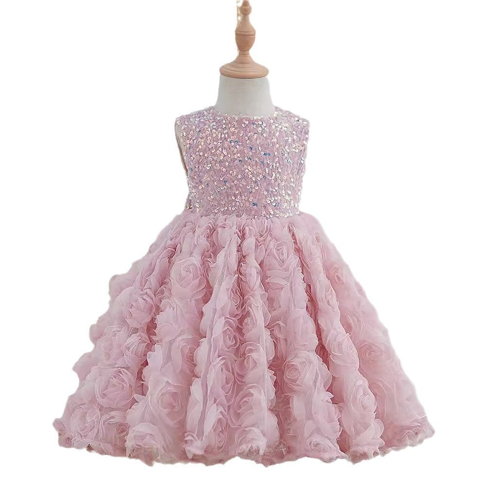 Girls' Sleeveless Sequined Three-dimensional Flower Pettiskirt