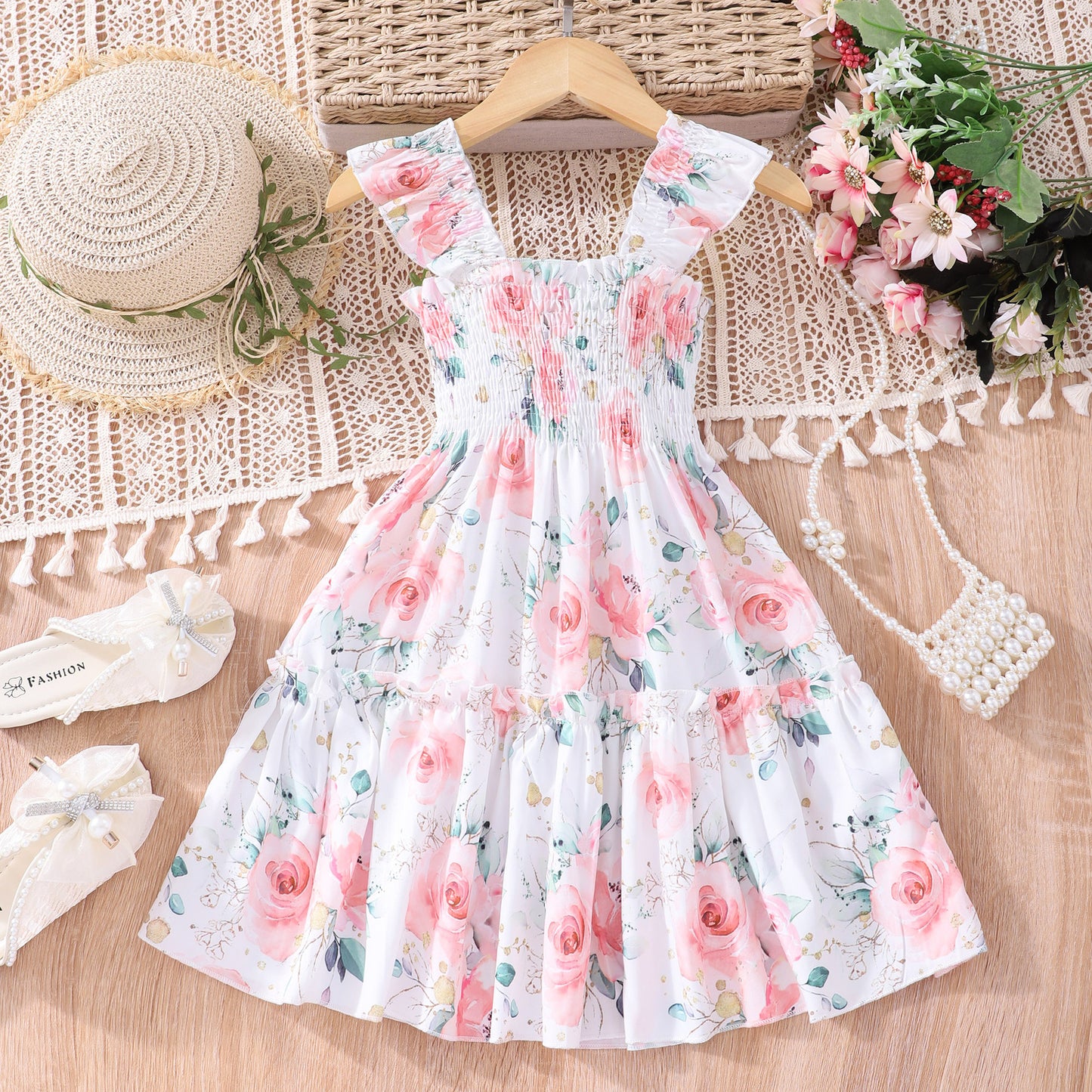 Children Sleeveless Smocking Leopard Print Butterfly Rainbow Multicolor Printed Dress