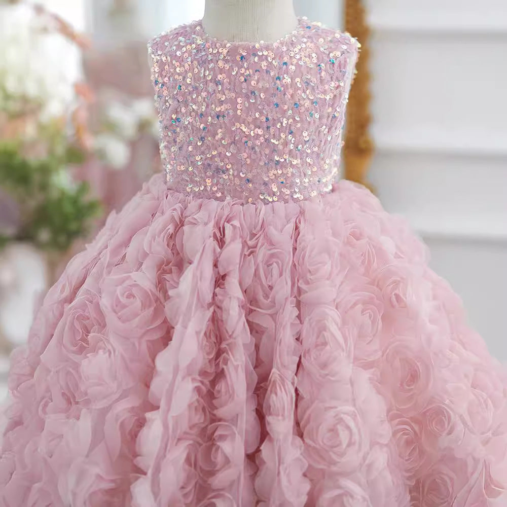 Girls' Sleeveless Sequined Three-dimensional Flower Pettiskirt