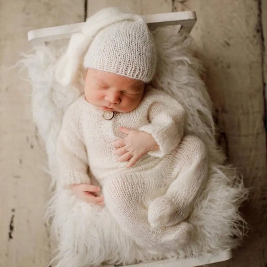 DreamKnit Set – Mohair Footed Romper + Sleep Hat for Photoshoots