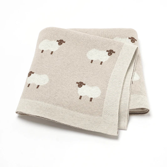 CozyWool Knit Plaid Baby Quilt – Soft Sheep Print Swaddle