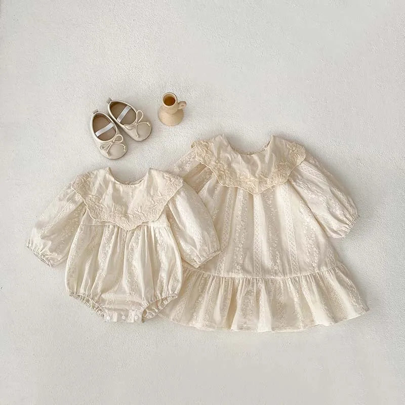 Baby Bodysuit Sisters Dresses Sweet Big Lapel Girl Embroidered Flower Dress