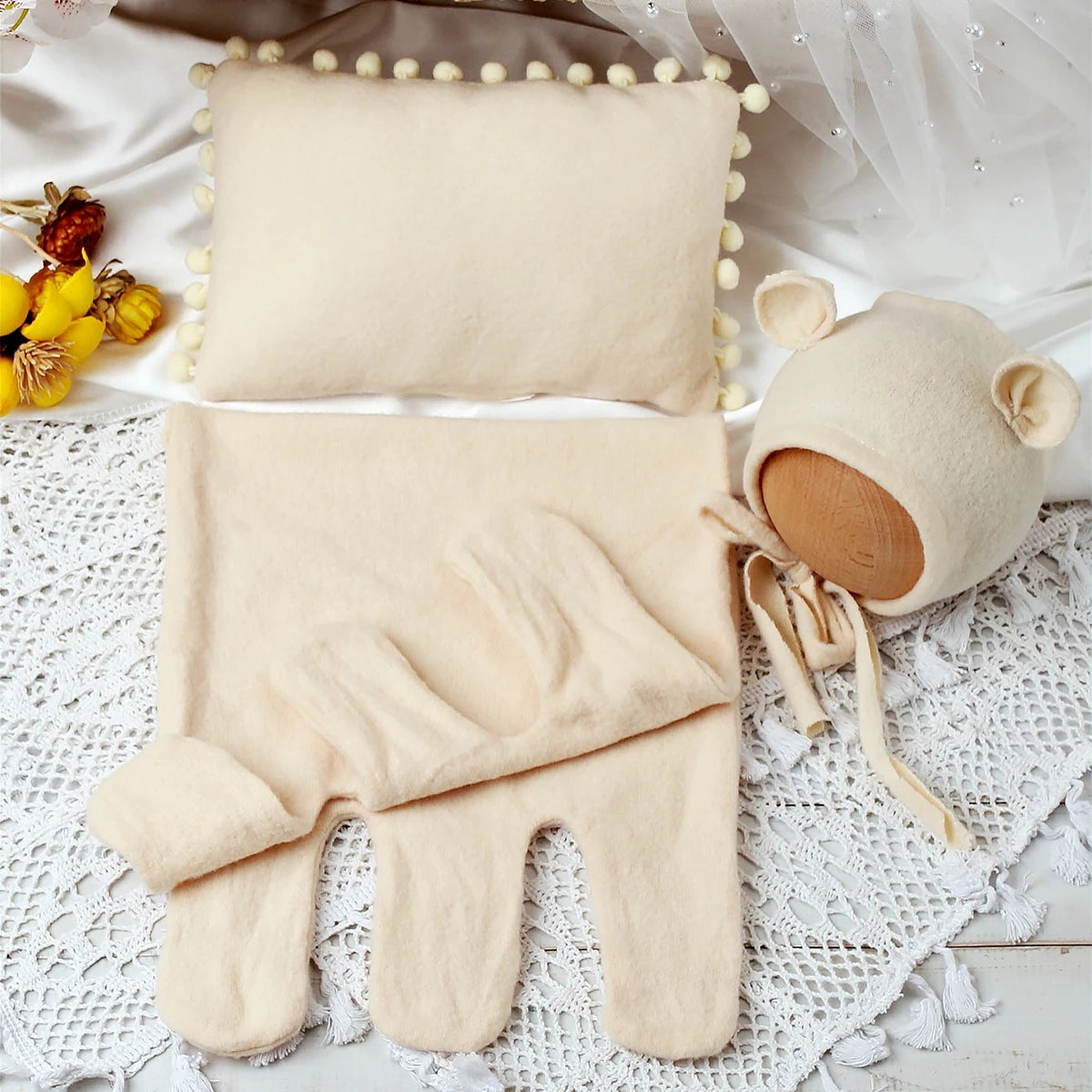 SnuggleTale Set – Newborn Wrap, Ears Hat & Pillow Props