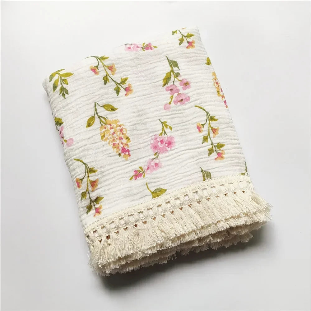 Baby Blankets Newborn Tassel Cotton Muslin Swaddle Wrap Blanket Print Gauze Infant Bedding Quilt Blanket Diaper