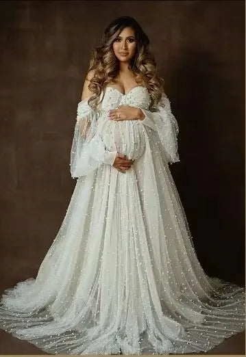 Pearlush Gown – White Yarn Maternity Maxi Dress