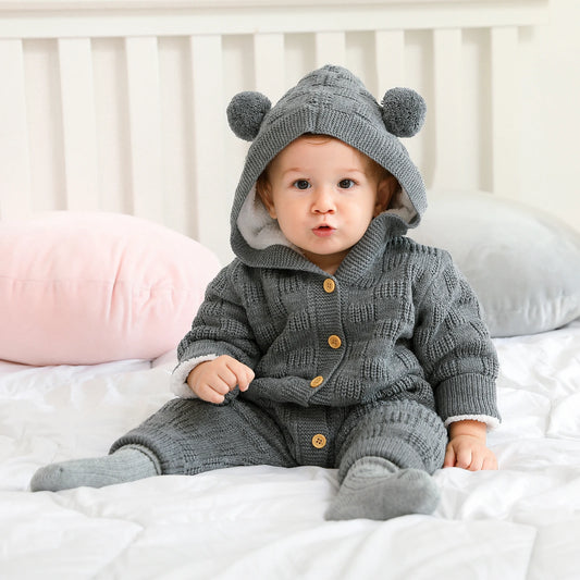 SnugNest Pom-Pom Romper – Warm Knit Baby Jumpsuit