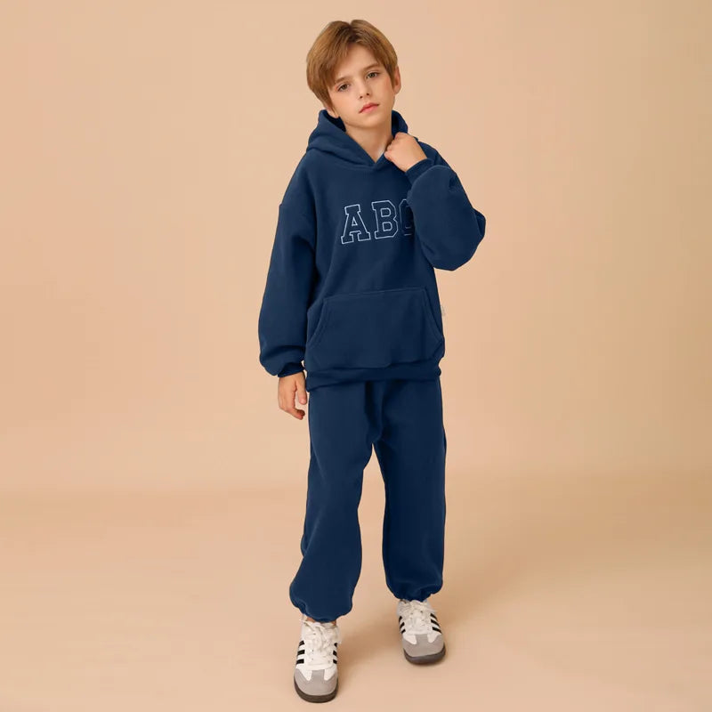 WarmHug Plus Fleece Hoodie Duo – Kids Letter Print Tops