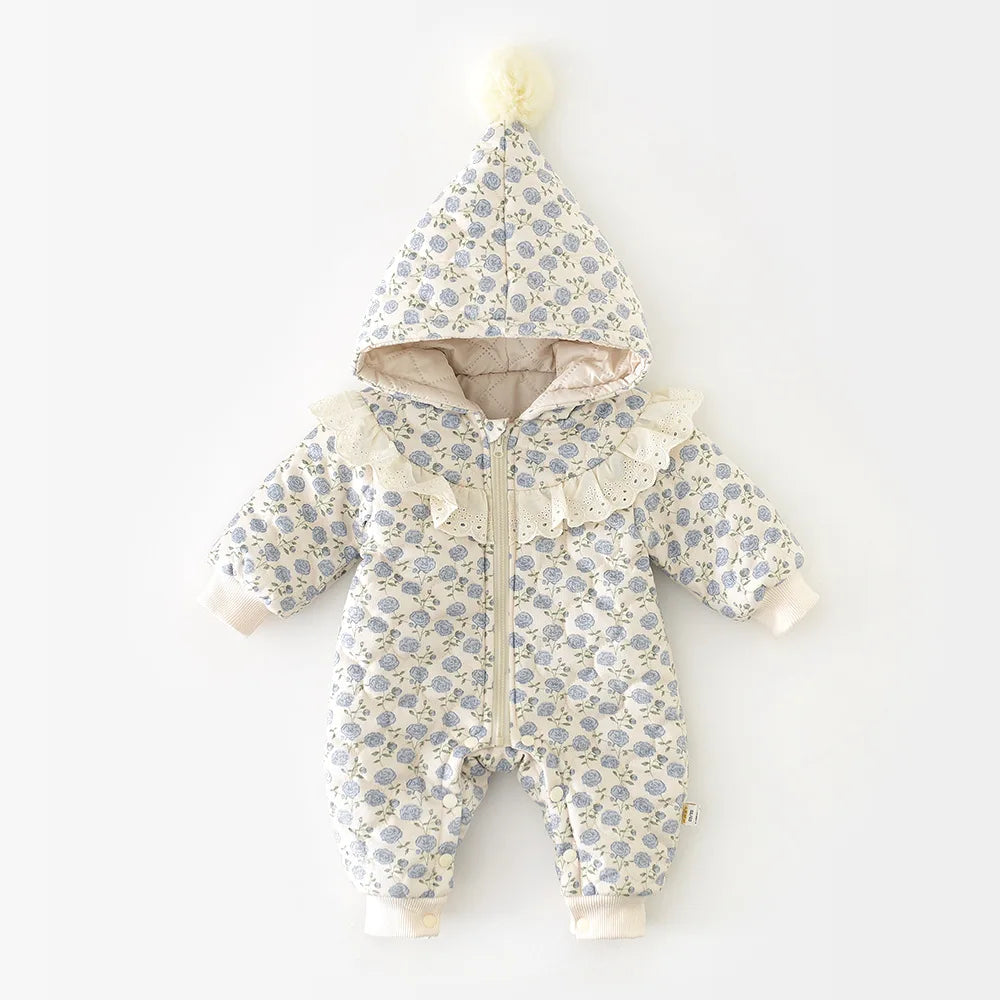 FloraSnug Romper – Velvet-Lined Hooded Jumpsuit