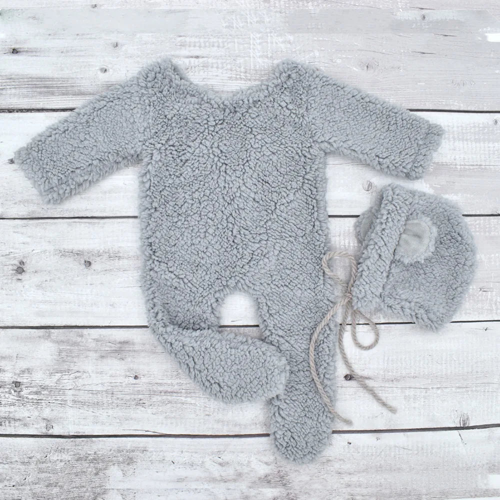 Newborn Bear Bonnet and Pajama Set Infant Photo Prop Brown Plush Bear Ear Hat and Footie Romper