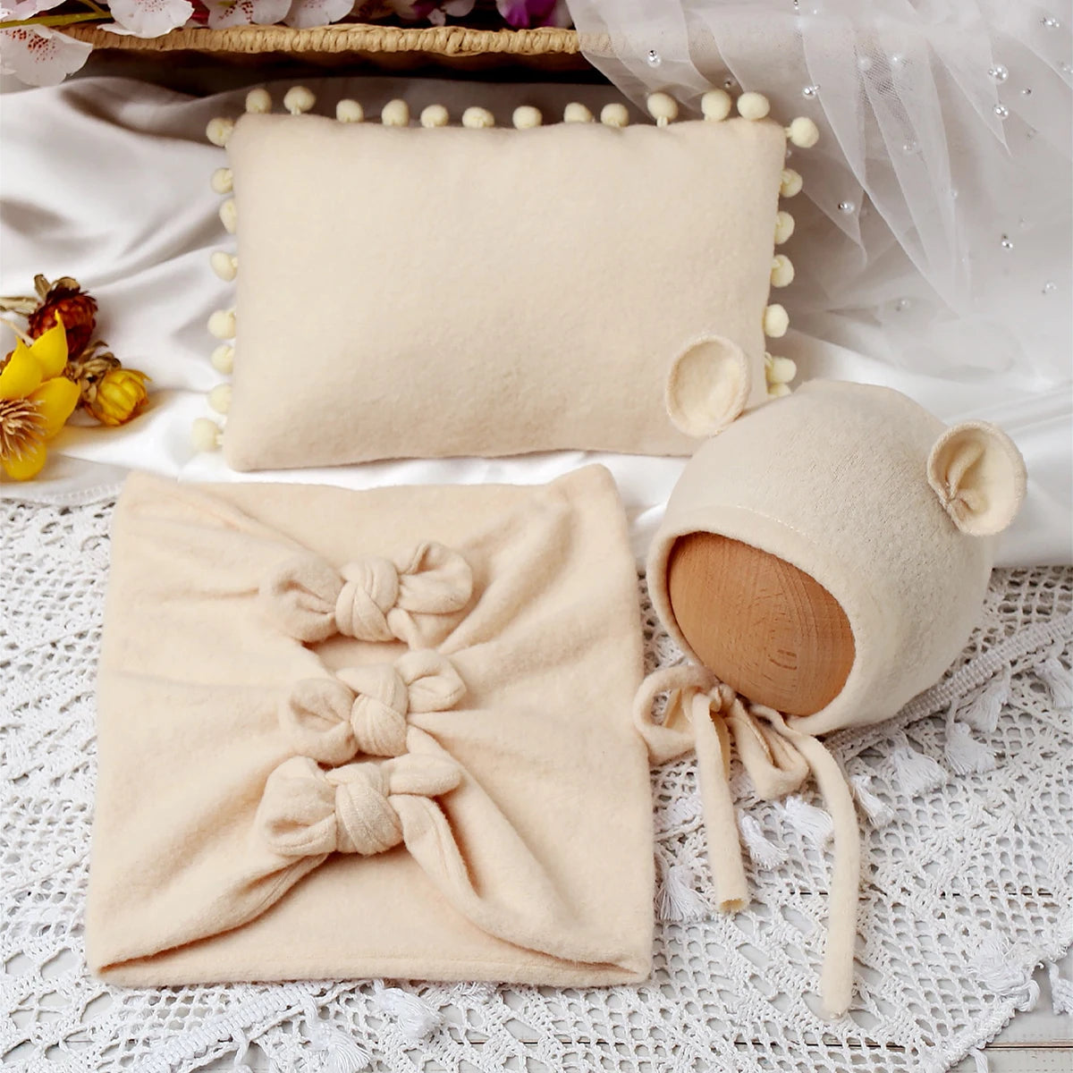 SnuggleTale Set – Newborn Wrap, Ears Hat & Pillow Props