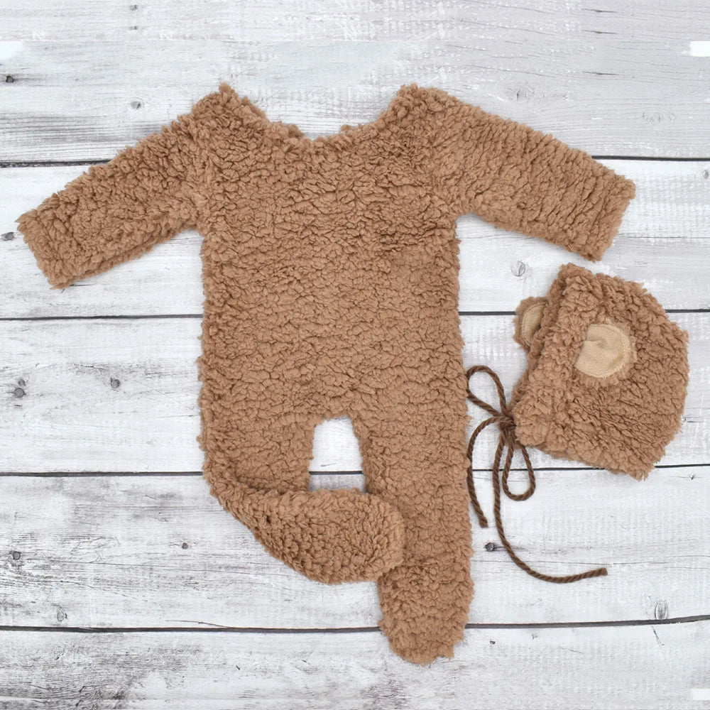 Newborn Bear Bonnet and Pajama Set Infant Photo Prop Brown Plush Bear Ear Hat and Footie Romper
