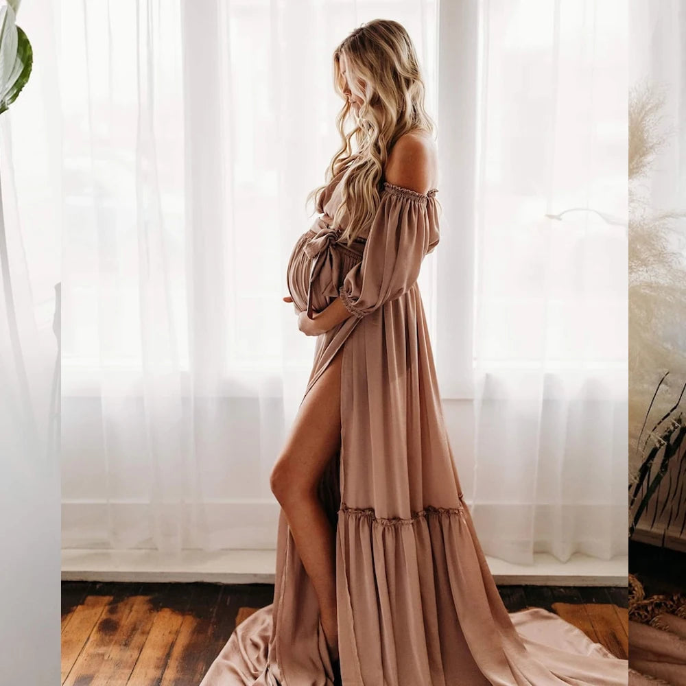 Solvéra Set – Satin Off-Shoulder Maternity Gown