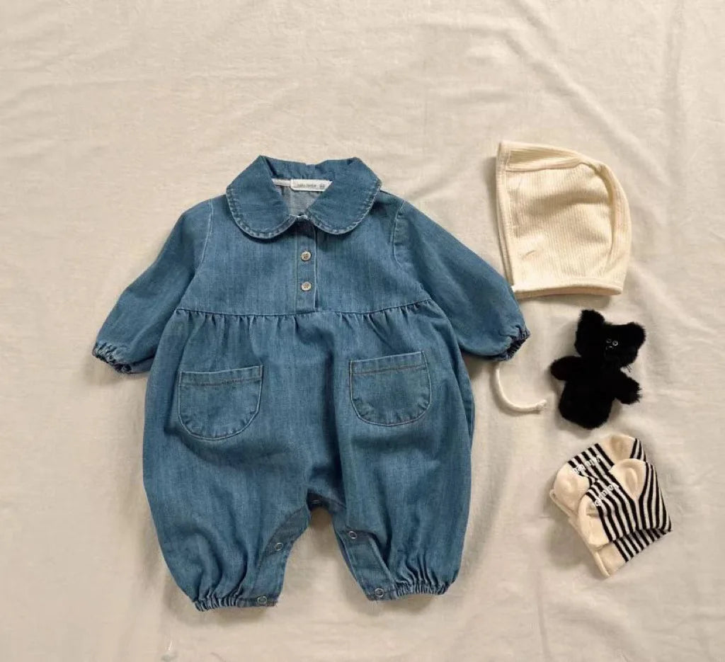 LilDenim Lapel Romper – Unisex Baby Jumpsuit