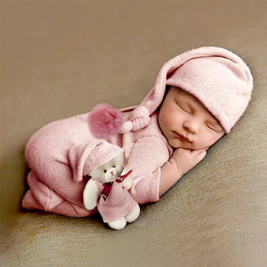 DollySnug Set – Pink Newborn Romper, Pom Hat & Plush Doll
