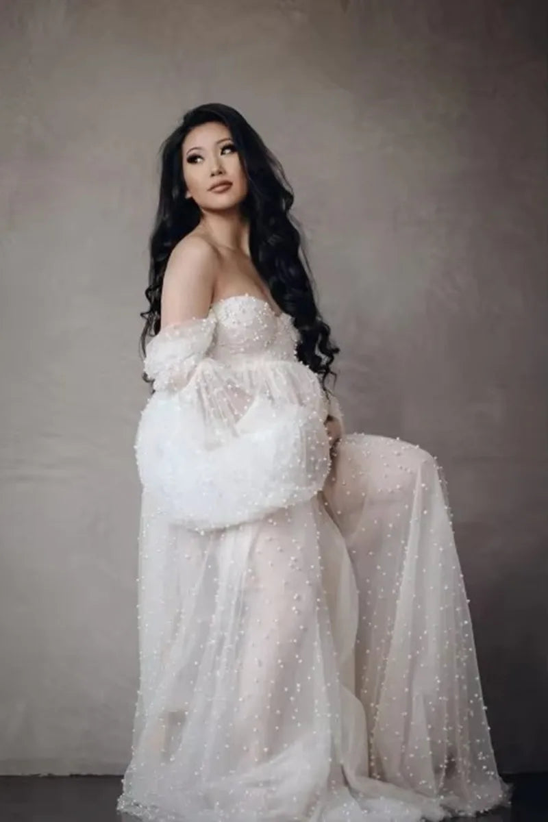 Pearlush Gown – White Yarn Maternity Maxi Dress