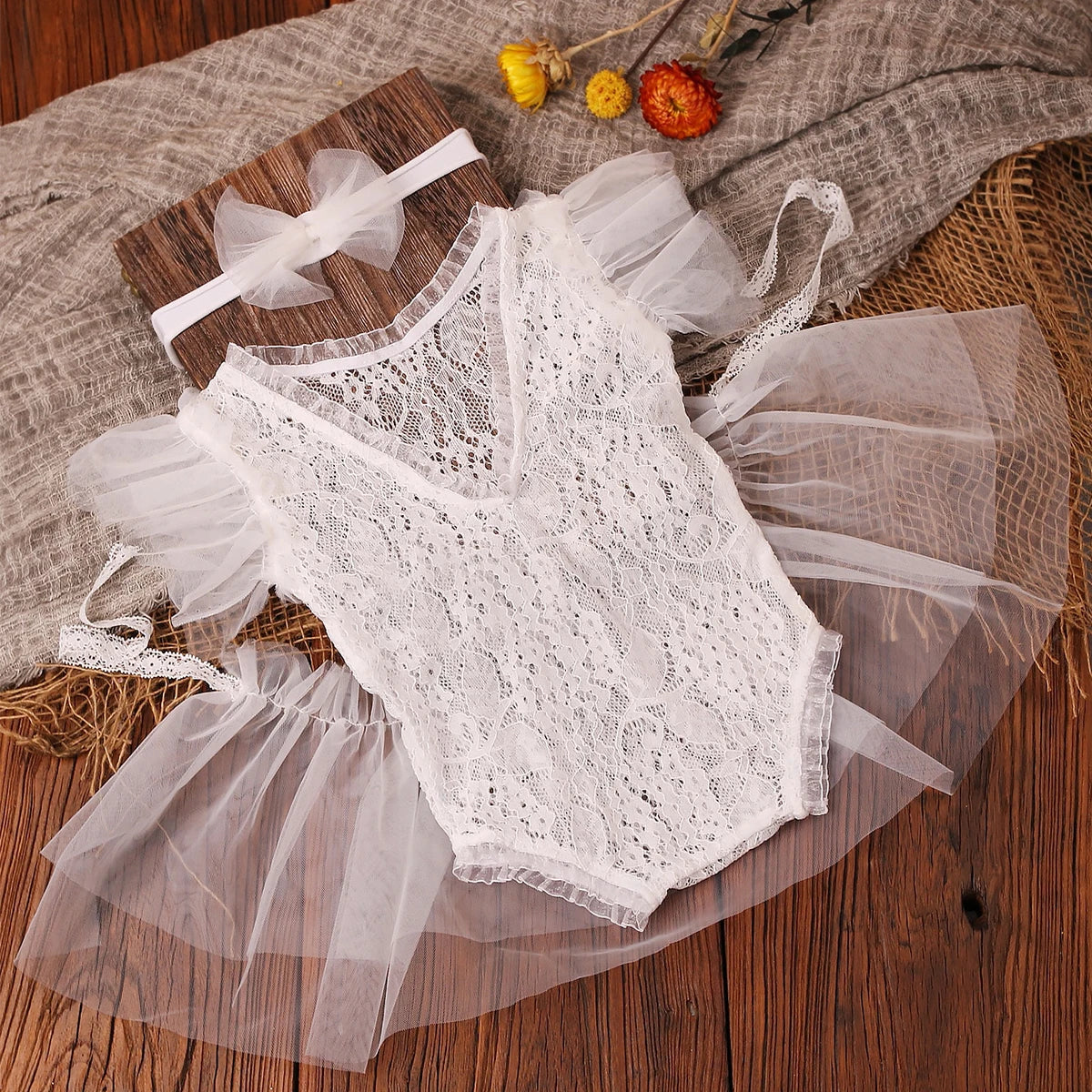 LaceBelle Set – Baby Girl Romper, Skirt & Bow for Photoshoots