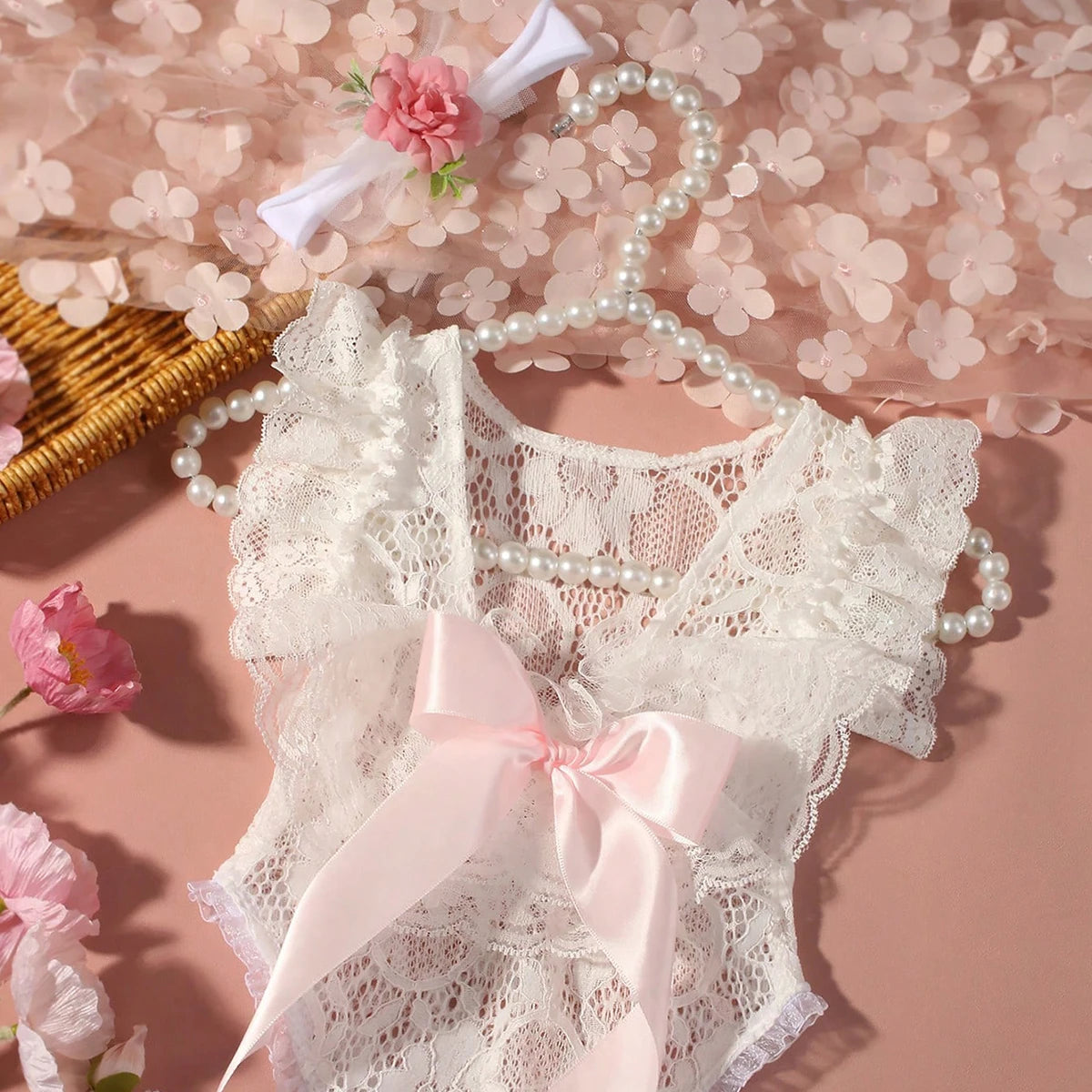 LacyNest Romper – Baby Girl Bow & Headband Set