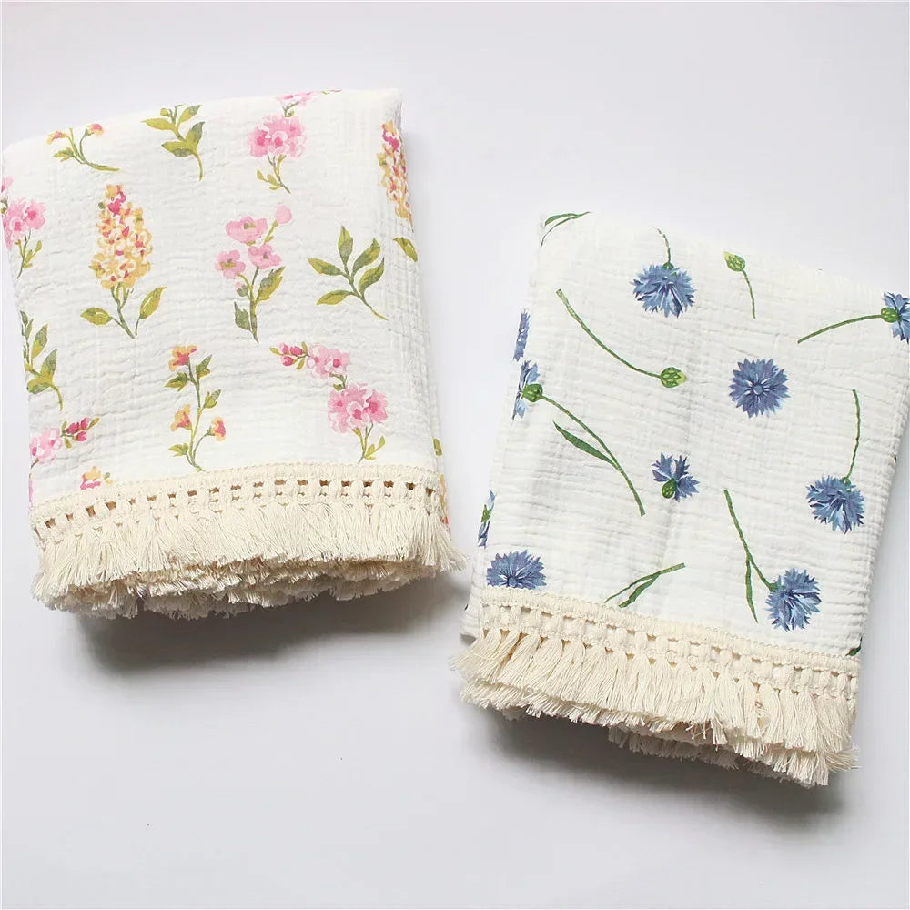 Baby Blankets Newborn Tassel Cotton Muslin Swaddle Wrap Blanket Print Gauze Infant Bedding Quilt Blanket Diaper