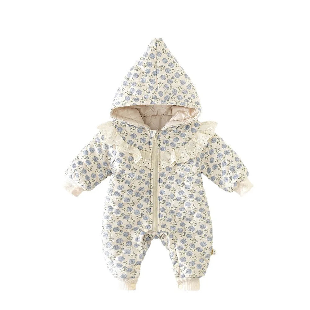 FloraSnug Romper – Velvet-Lined Hooded Jumpsuit