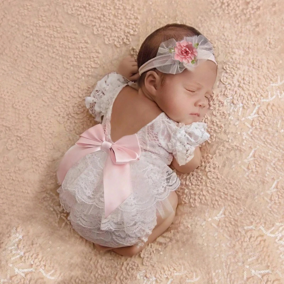 LacyNest Romper – Baby Girl Bow & Headband Set