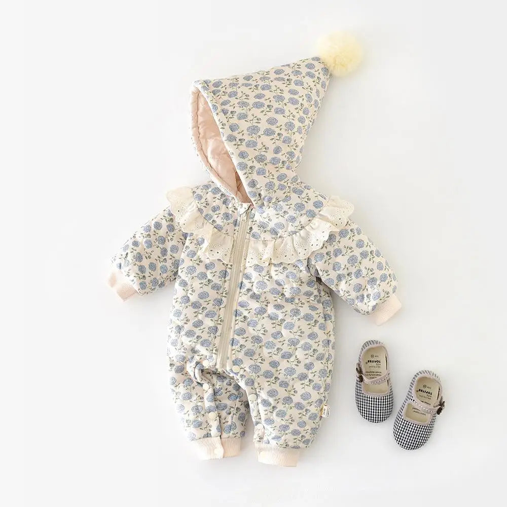 FloraSnug Romper – Velvet-Lined Hooded Jumpsuit