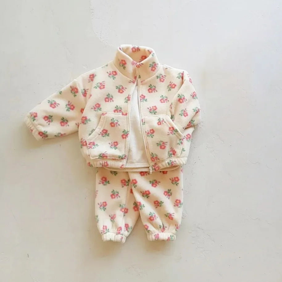CozyBloom Turtleneck Floral Fleece Set – Warm Cotton Kids