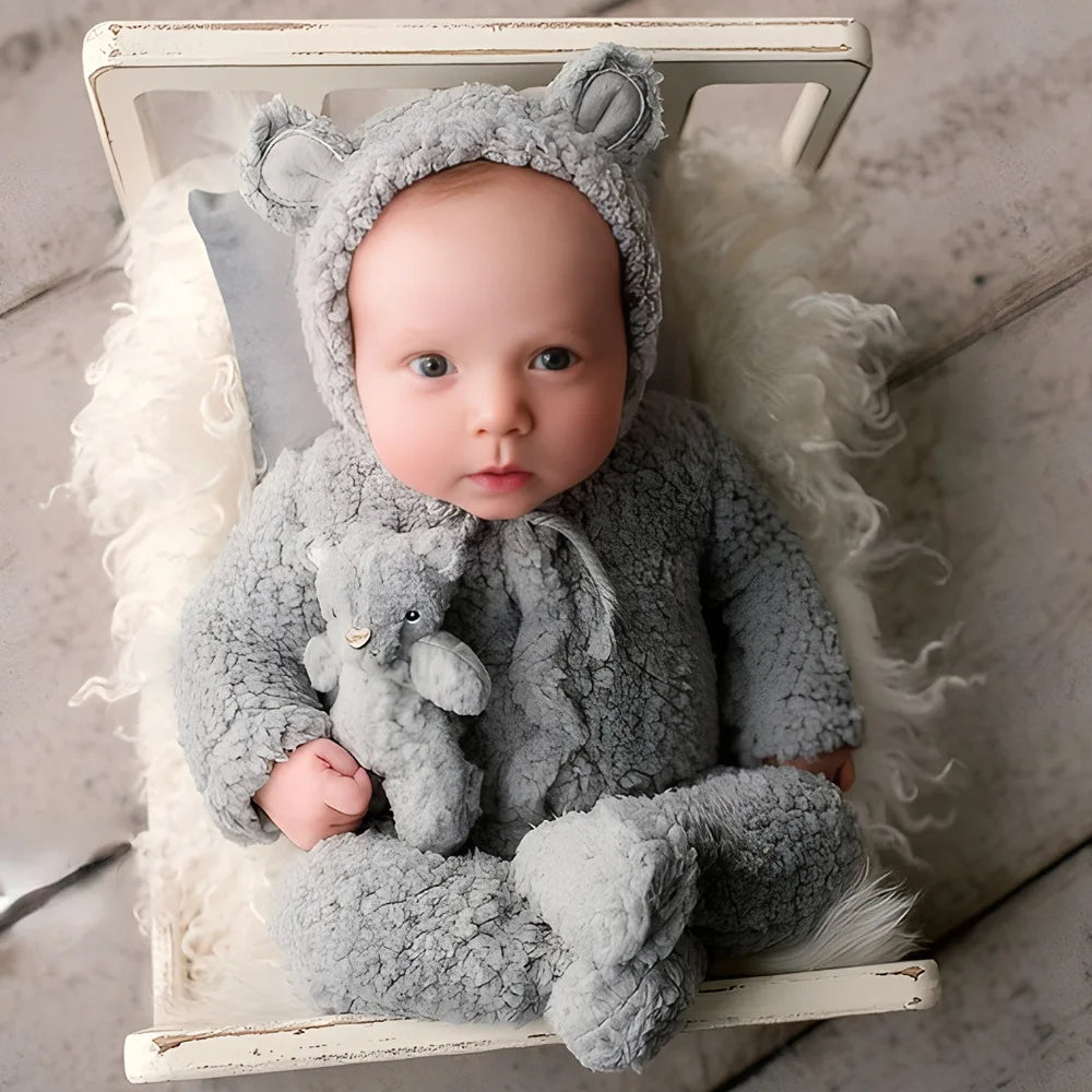 Newborn Bear Bonnet and Pajama Set Infant Photo Prop Brown Plush Bear Ear Hat and Footie Romper