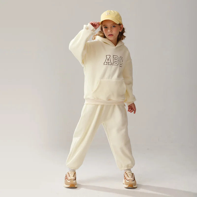 WarmHug Plus Fleece Hoodie Duo – Kids Letter Print Tops