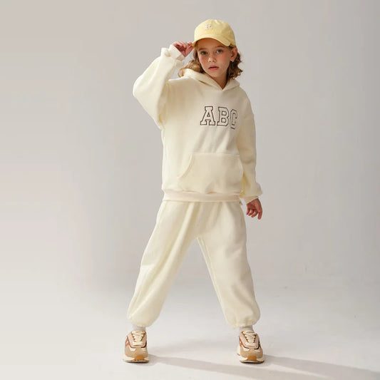 WarmHug Plus Fleece Hoodie Duo – Kids Letter Print Tops