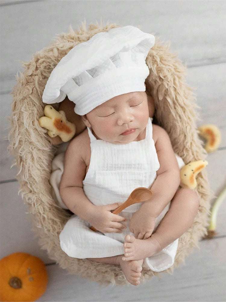 Newborn Chef Hat Set with Wooden Spoon Infant Photography Outfit Photoshoot Props