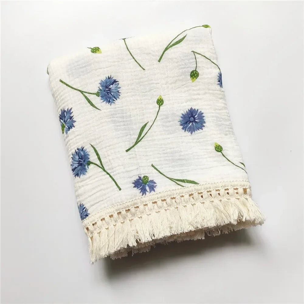 Baby Blankets Newborn Tassel Cotton Muslin Swaddle Wrap Blanket Print Gauze Infant Bedding Quilt Blanket Diaper