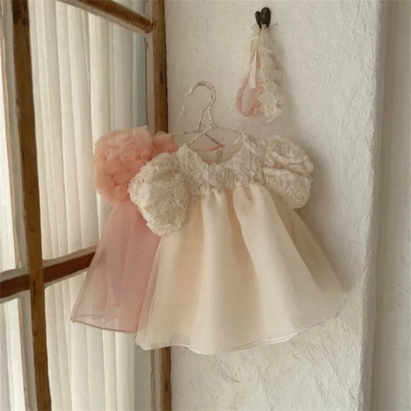 BlossomBelle Dress – 1st Birthday Princess Puff Sleeve Outfit