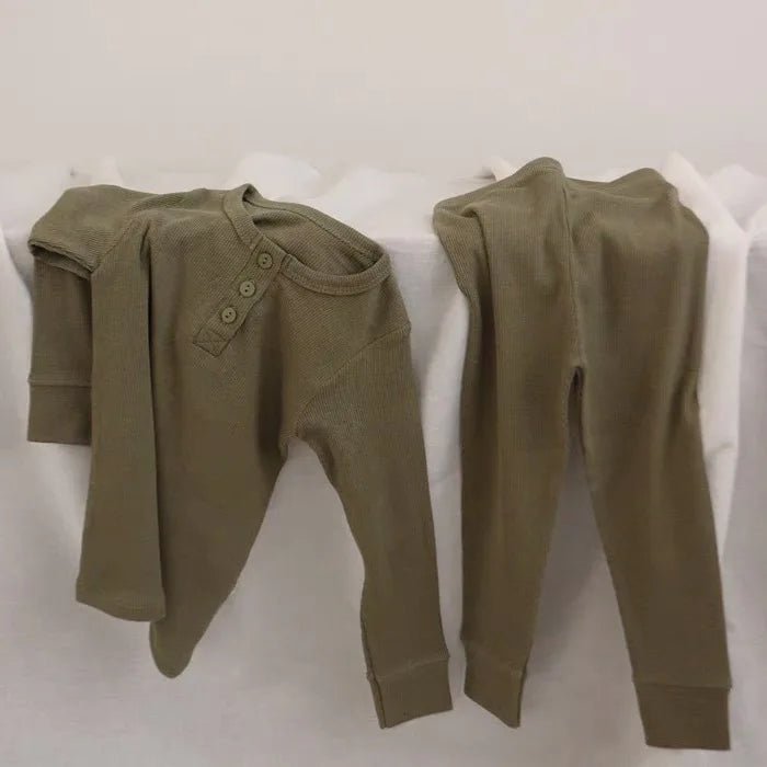 RetroCozy Ribbed Pajama Set – Kids 2pcs Cotton Sleepwear