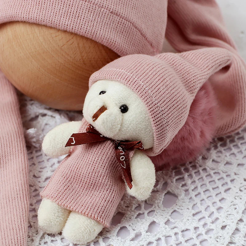 DollySnug Set – Pink Newborn Romper, Pom Hat & Plush Doll