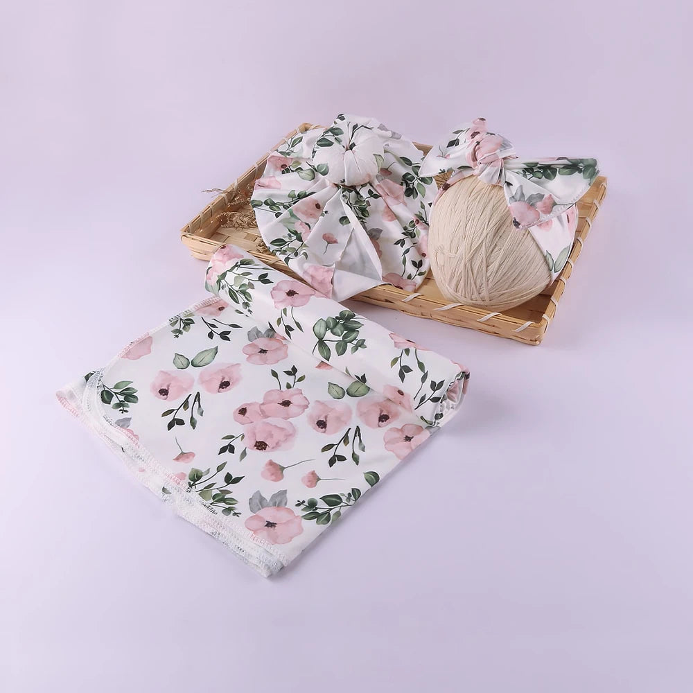 SnugNest Set – Swaddle, Hat & Headband Photo Wrap
