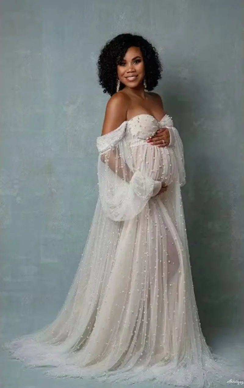 Pearlush Gown – White Yarn Maternity Maxi Dress