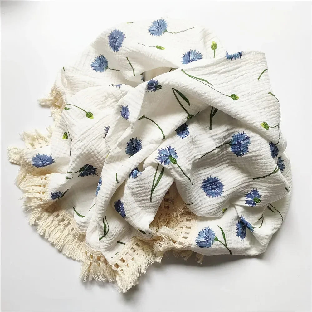 Baby Blankets Newborn Tassel Cotton Muslin Swaddle Wrap Blanket Print Gauze Infant Bedding Quilt Blanket Diaper