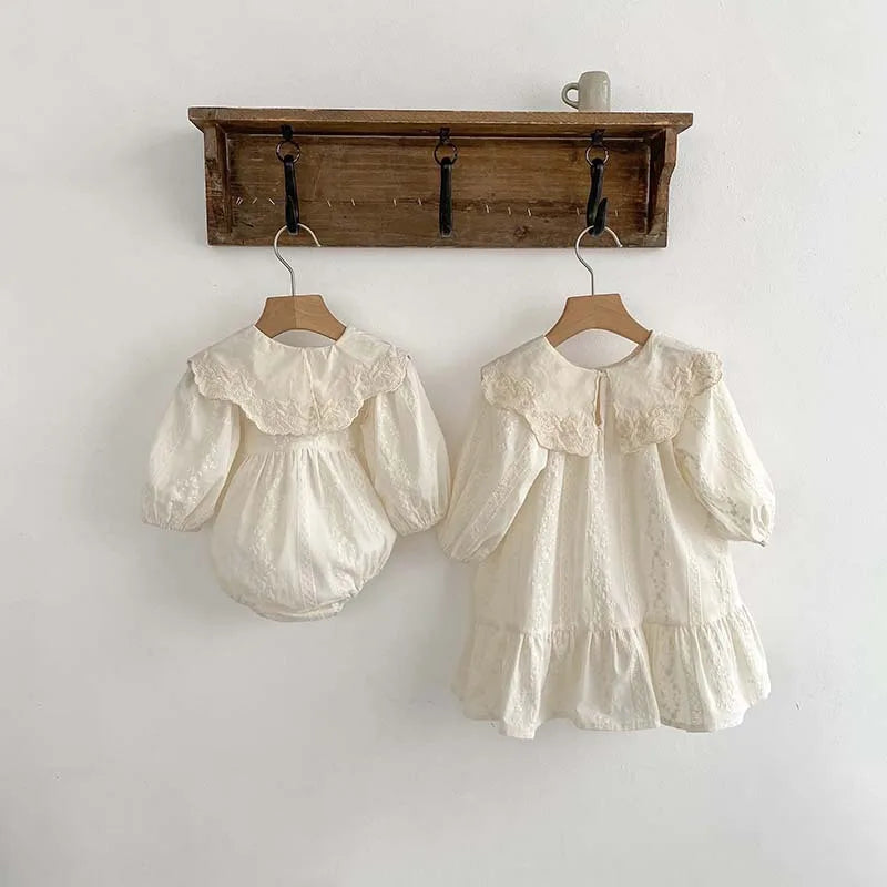 Baby Bodysuit Sisters Dresses Sweet Big Lapel Girl Embroidered Flower Dress