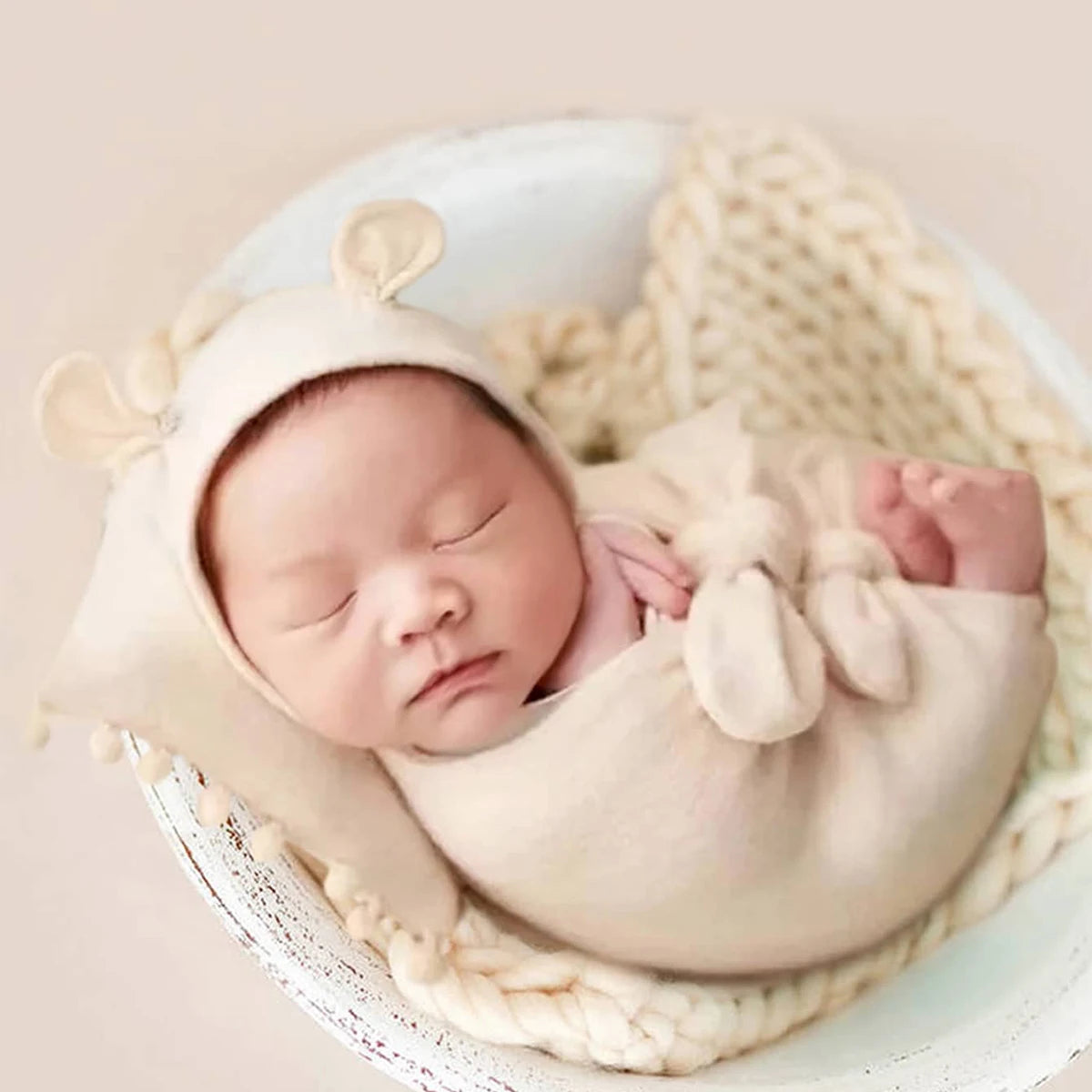 SnuggleTale Set – Newborn Wrap, Ears Hat & Pillow Props