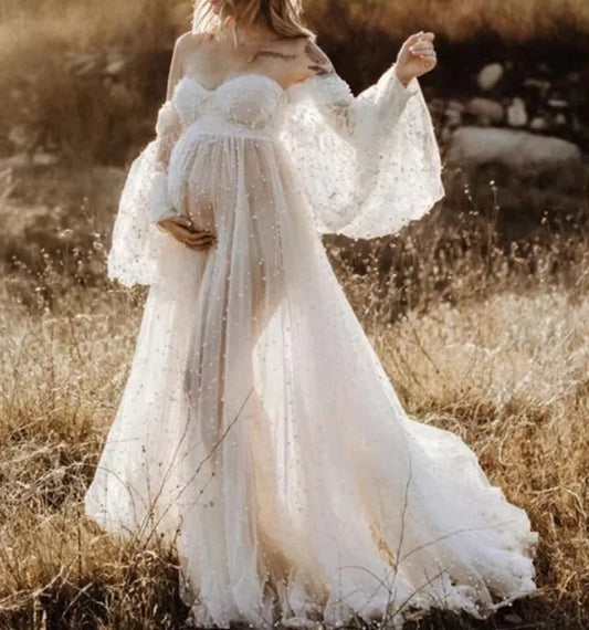 Pearlush Gown – White Yarn Maternity Maxi Dress