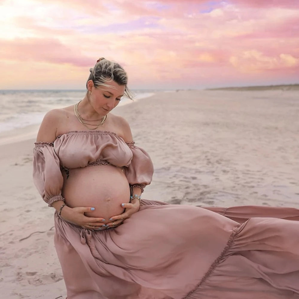 Solvéra Set – Satin Off-Shoulder Maternity Gown