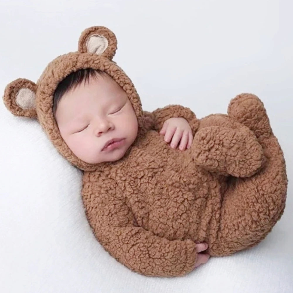 Newborn Bear Bonnet and Pajama Set Infant Photo Prop Brown Plush Bear Ear Hat and Footie Romper