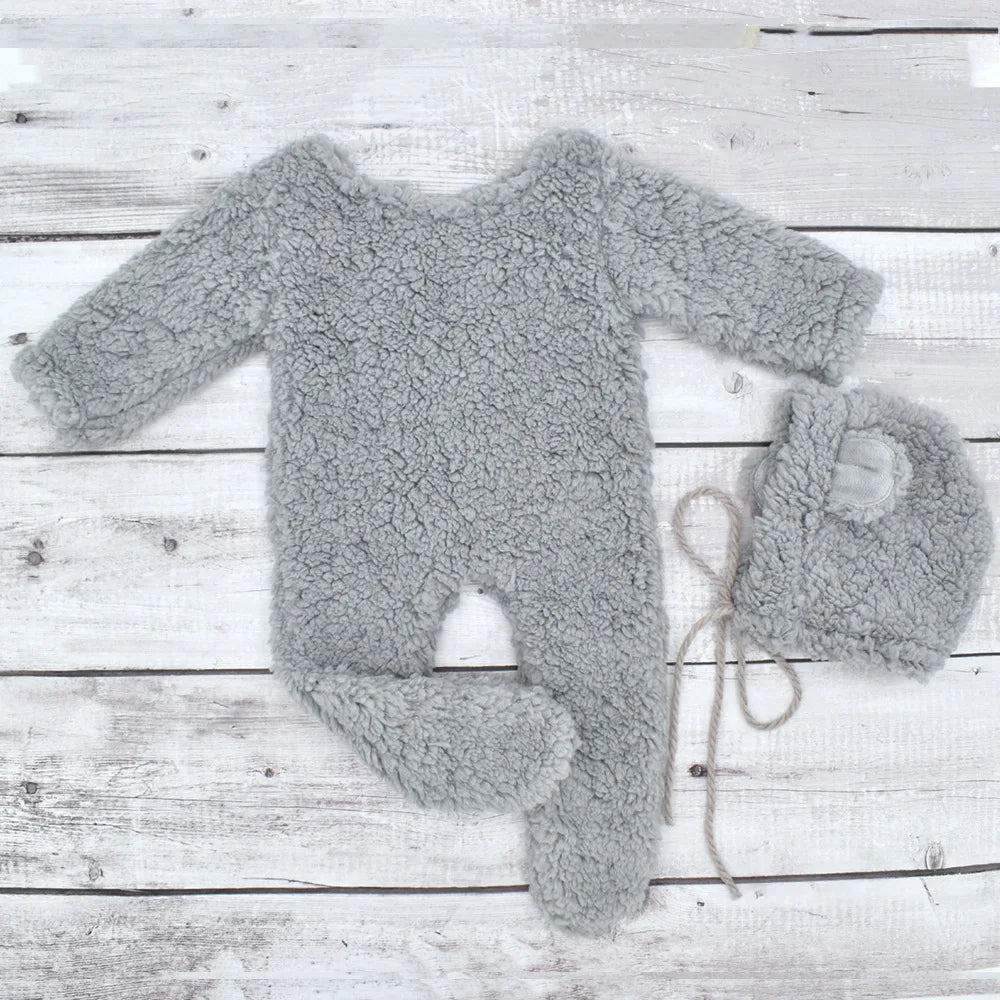 Newborn Bear Bonnet and Pajama Set Infant Photo Prop Brown Plush Bear Ear Hat and Footie Romper