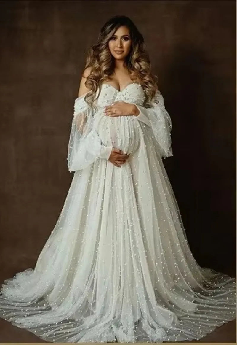 Pearlush Gown – White Yarn Maternity Maxi Dress