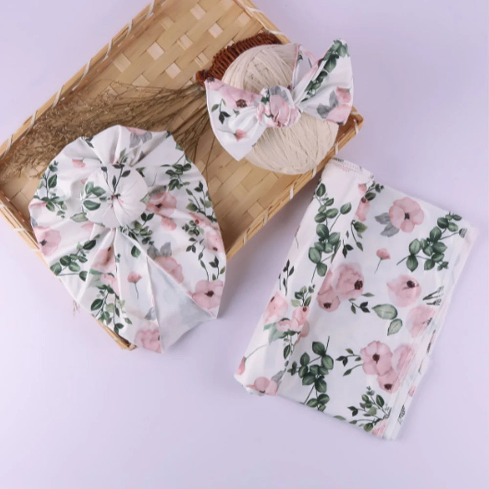 SnugNest Set – Swaddle, Hat & Headband Photo Wrap